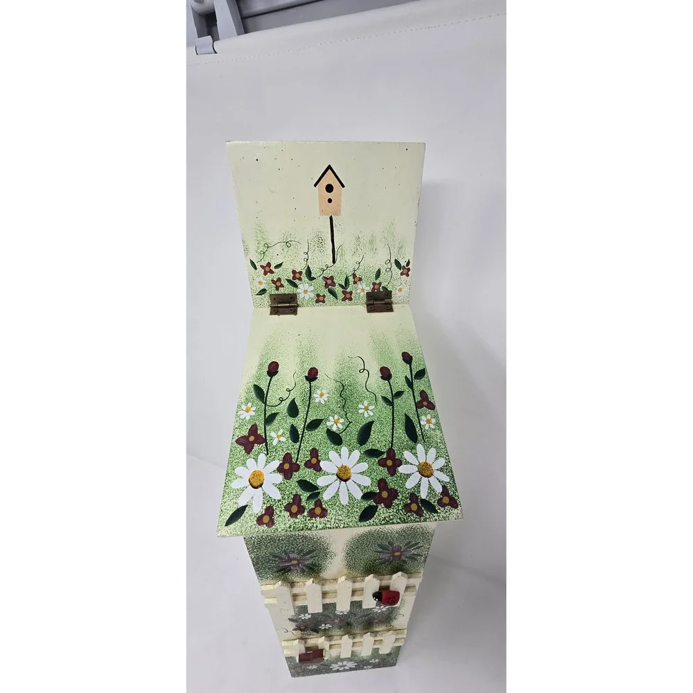 Vtg hand painted wooden grocery bag holder picket fence floral‎ cottagecore
